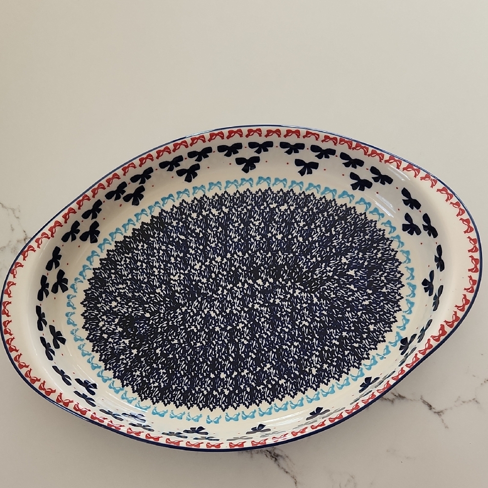 Polish Pottery Large Oval Baking Dish Bow Pattern